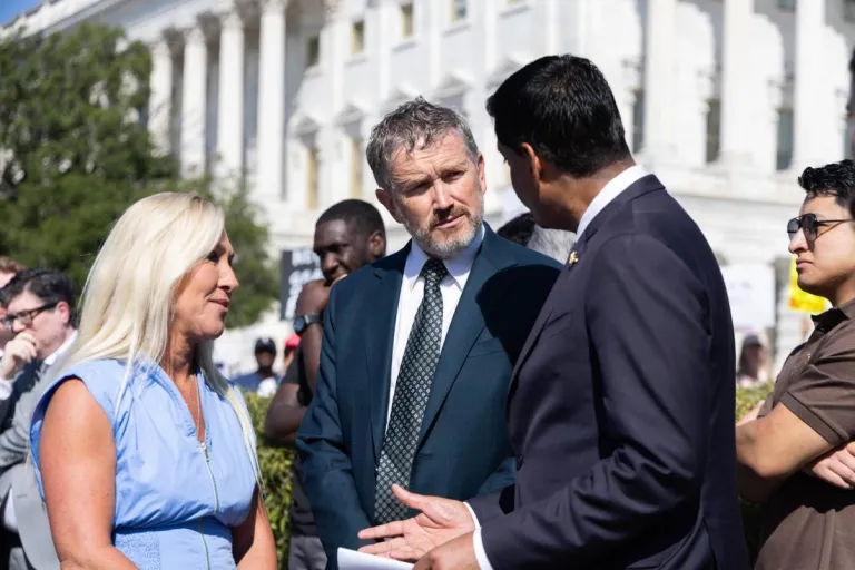 Reps. Marjorie Taylor Green (R-GA), Thomas Massie (R-KY), and Ro Khanna (D-CA) speak at a press conference with Epstein survivors. (Graeme Jennings/ Washington Examiner)