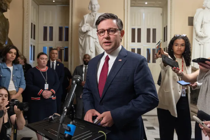Speaker Mike Johnson speaks to reporters after Charlie Kirk was shot. (Graeme Jennings / Washington Examiner)