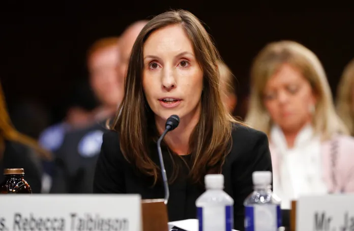 Rebecca Taibleson, a former law clerk, appears before the Senate Judiciary Committee.