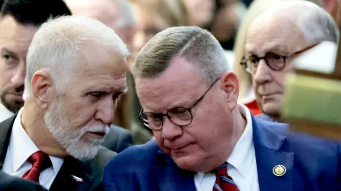 Sen. Thom Tillis (R-NC), left, Rep. Tim Moore (R-NC), center, and former North Carolina House Speaker Harold Brubaker, right, attend the opening session of the state House of Representatives on Wednesday, Jan. 8, 2025, at the North Carolina State Legislative Building in Raleigh, North Carolina.