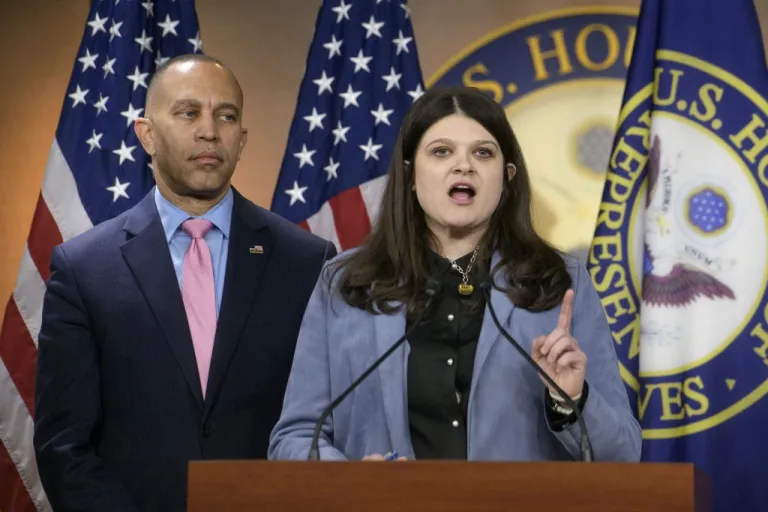 Rep. Haley Stevens, D-Mich., joined by House Minority Leader Hakeem Jeffries, D-N.Y., speaks during a press conference regarding the Taxpayer Date Protection Act, on Capitol Hill, Thursday, Feb. 6, 2025, in Washington. (AP Photo/Rod Lamkey, Jr.)