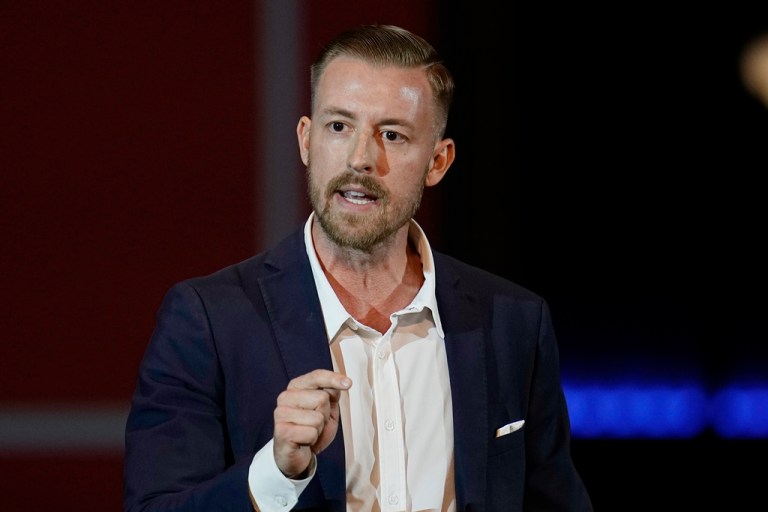 Ryan Walters, Republican candidate for Oklahoma State Superintendent, speaks at a rally, Nov. 1, 2022, in Oklahoma City.
