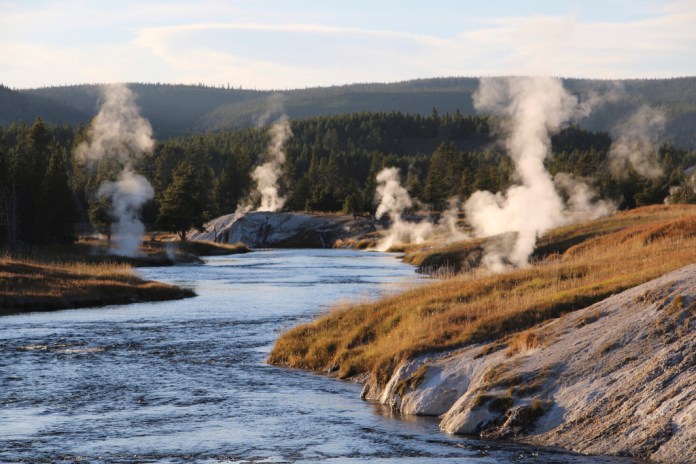 Geysers and other geothermal features emit steam.