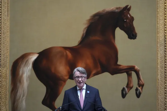 British Ambassador to the United States, Peter Mandelson speaks in front of the painting called Whistlejacket by George Stubbs during the rededication ceremony of the George Washington Statue in the National Gallery in London, Wednesday, June 18, 2025.