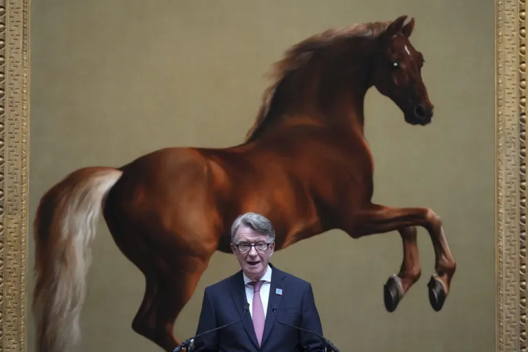 British Ambassador to the United States, Peter Mandelson speaks in front of the painting called Whistlejacket by George Stubbs during the rededication ceremony of the George Washington Statue in the National Gallery in London, Wednesday, June 18, 2025.