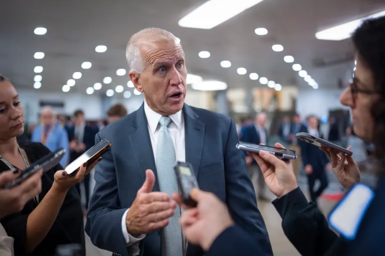 Sen. Thom Tillis, R-N.C., speaks with reporters at the Capitol in Washington, Sept. 25, 2024