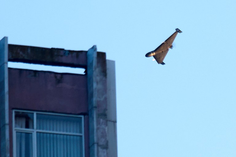 FILE - A Russian drone attacks a building during a Russian missile and drone air attack in Kyiv, Ukraine, June 17, 2025.