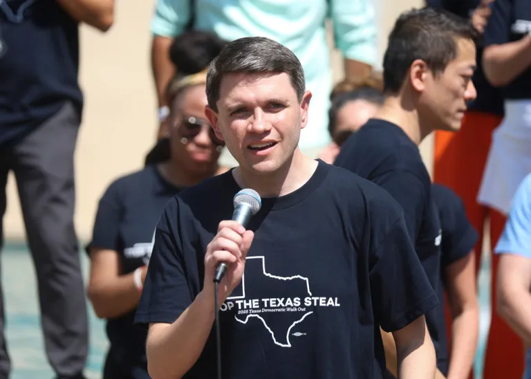 Democratic Texas state Rep. James Talarico speaks.