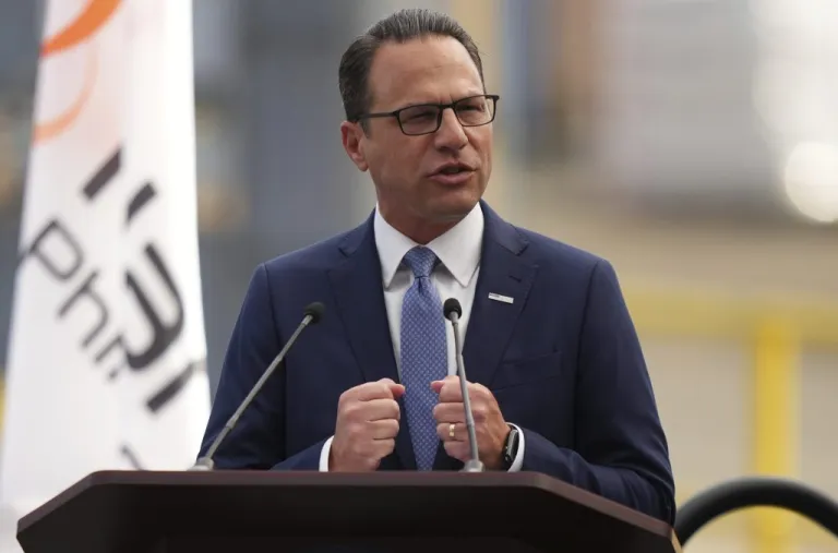 Pennsylvania Gov. Josh Shapiro speaks at the Hanwha Philly Shipyard for a cristening ceremony Tuesday, Aug. 26, 2025, in Philadelphia. (AP Photo/Matt Slocum)