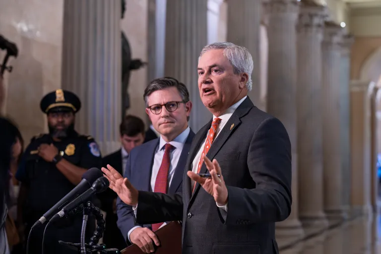 Speaker of the House Mike Johnson, R-La., center left, and House Oversight Committee Chairman James Comer, R-Ky., talk to reporters after a closed-door meeting with victims in the Jeffrey Epstein sex trafficking case investigation, at the Capitol in Washington, Tuesday, Sept. 2, 2025. (AP Photo/J. Scott Applewhite)