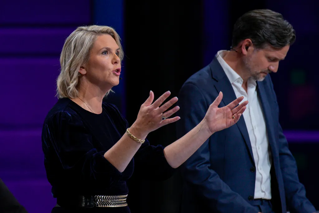 Sylvi Listhaug, chairwoman of Norway's Frp party, and Dag-Inge Ulstein, chairman of Norway's KrF party, during a TV debate in Oslo, Norway, Tuesday, Sept. 2, 2025. 