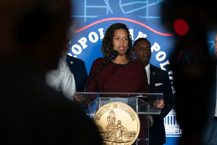 District of Columbia Mayor Muriel Bowser speaks during a news conference at Metropolitan Police Department Headquarters in Washington