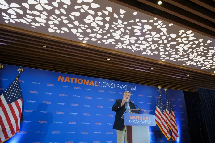 Douglas Wilson, Senior Minister of Christ Church, Moscow, Idaho, speaks at the National Conservatism Conference, Thursday, Sept. 4, 2025, in Washington. (AP Photo/Rod Lamkey, Jr.)