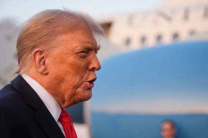 President Donald Trump speaks upon his arrival at Joint Base Andrews, Md., Sunday, Sept. 7, 2025. (AP Photo/Manuel Balce Ceneta)