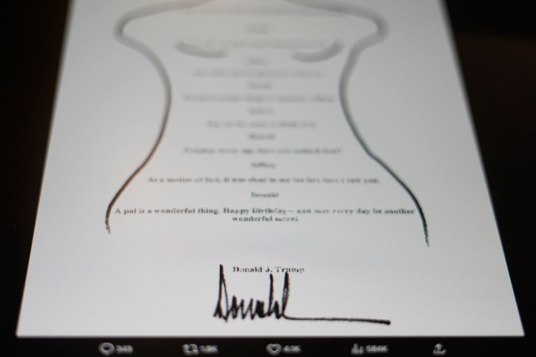A post on Donald Trump's birthday letter to Jeffrey Epstein in 2003 is seen on a device.