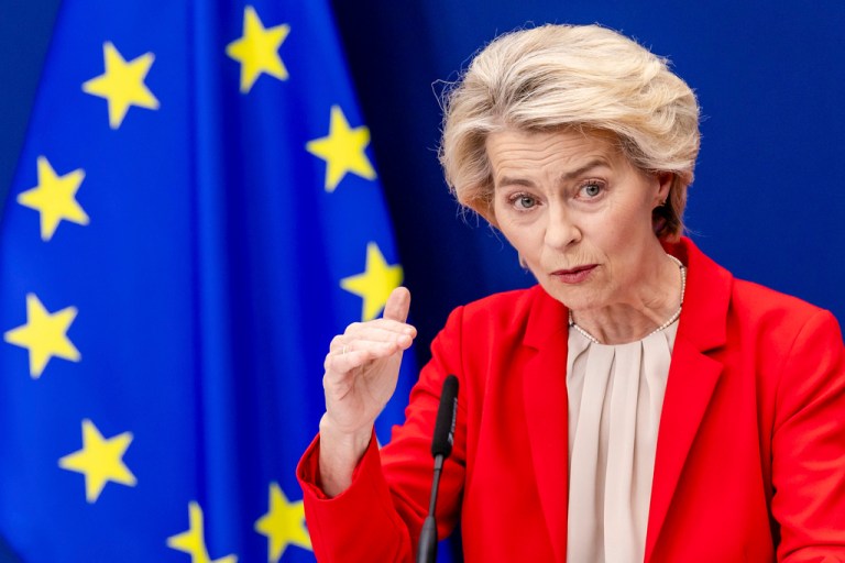 European Commission President Ursula von der Leyen addresses the media at EU headquarters in Brussels, Tuesday, June 10, 2025. (AP Photo/Geert Vanden Wijngaert, File)
