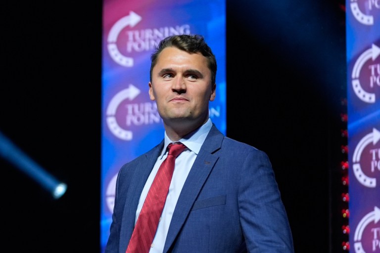 Turning Point USA Founder Charlie Kirk arrives to speak before Republican presidential nominee former President Donald Trump during a campaign rally at Thomas & Mack Center, Oct. 24, 2024, in Las Vegas.