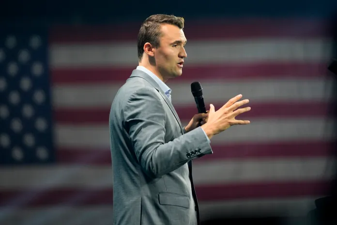 Charlie Kirk speaks at a Turning Point USA event.