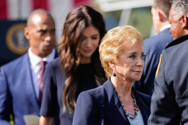 Education Secretary Linda McMahon, from right, followed by Homeland Security Secretary Kristi Noem, departs a ceremony in the Pentagon courtyard to commemorate the 24th anniversary of the 9/11 attacks, Thursday, Sept. 11, 2025, in Washington.