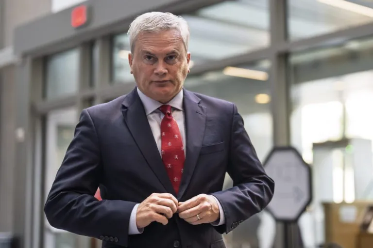 House Oversight Committee Chairman James Comer, R-Ky., arrives to talk to reporters before interviewing former White House press secretary Karine Jean-Pierre about President Joe Biden's mental fitness while in office, on Capitol Hill in Washington, Friday, Sept. 12, 2025. (AP Photo/J. Scott Applewhite)