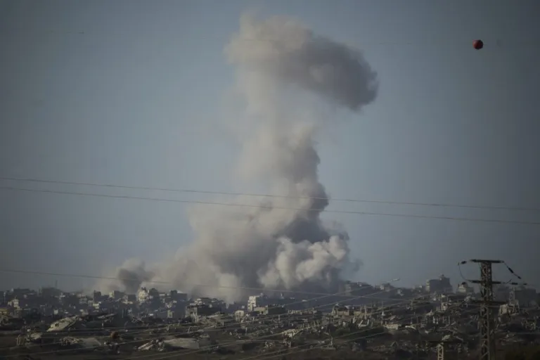 Smoke rises to the sky following an Israeli military strike on Tuesday, Sept. 16, 2025, in the Gaza Strip, as seen from southern Israel.