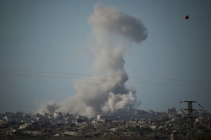 Smoke rises to the sky following an Israeli military strike on Tuesday, Sept. 16, 2025, in the Gaza Strip, as seen from southern Israel.