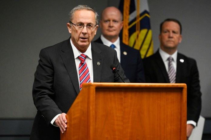Utah County Attorney Jeff Gray speaks during a press conference announcing charges filed against Tyler Robinson, the man accused of fatally shooting conservative activist Charlie Kirk, Tuesday, Sept. 16, 2025, in Provo, Utah. (AP Photo/Alex Goodlett)