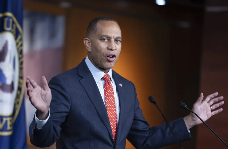 House Minority Leader Hakeem Jeffries, D-N.Y., tells reporters that Republicans are jeopardizing health care for Americans with their policies and their strategy to fund the government before the deadline at the end of the month, at the Capitol in Washington, Tuesday, Sept. 16, 2025. (AP Photo/J. Scott Applewhite)