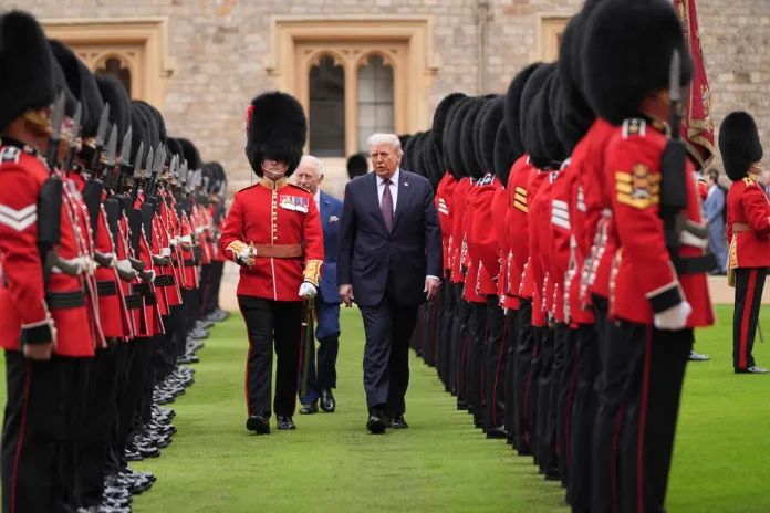 King Charles III greeted President Donald Trump with great pomp and circumstance Wednesday afternoon at Windsor Castle for the formal opening of his second state visit.