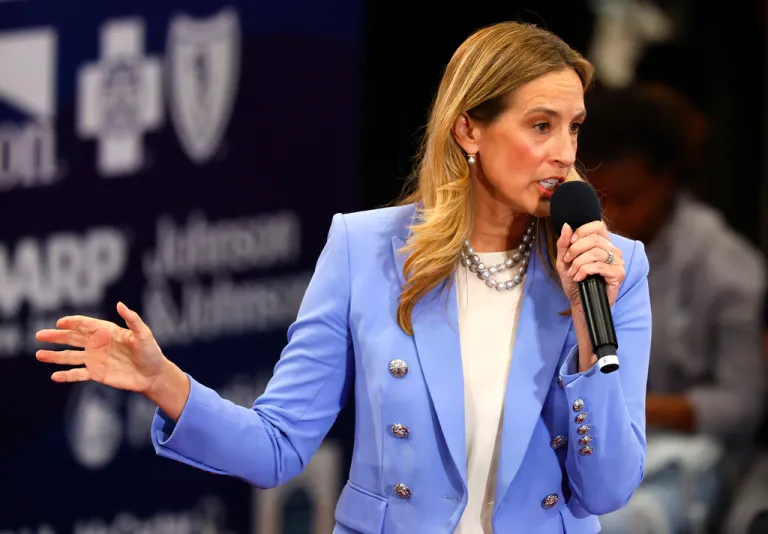 Democrat Mikie Sherrill responds to questions during the first general election gubernatorial debate with Republican opponent Jack Ciattarelli. Sunday, Sept. 21, 2025, in Lawrenceville, N.J. (AP Photo/Noah K. Murray)
