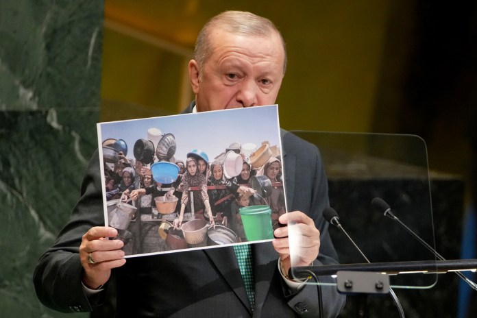 Turkey President Recep Tayyip Erdogan addresses the 80th session of the United Nations General Assembly, Tuesday, Sept. 23, 2025, at U.N. headquarters. (AP Photo/Angelina Katsanis)