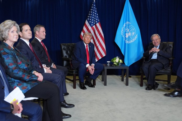 President Donald Trump meets with United Nations Secretary-General António Guterres during the United Nations General Assembly, Tuesday, Sept. 23, 2025, in New York. With the President from left are White House Chief of Staff Susie Wiles, Secretary of State Marco Rubio and U.S. UN Ambassador Mike Waltz. (AP Photo/Evan Vucci)