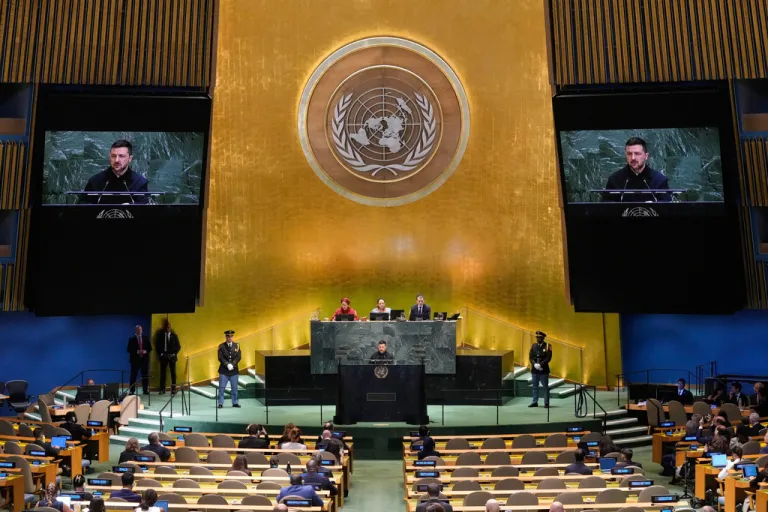 Ukraine President Volodymyr Zelenskyy addresses the 80th session of the United Nations General Assembly.