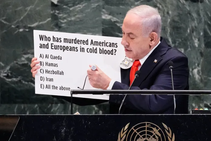 Israel Prime Minister Benjamin Netanyahu addresses the 80th session of the United Nations General Assembly, Friday, Sept. 26, 2025.