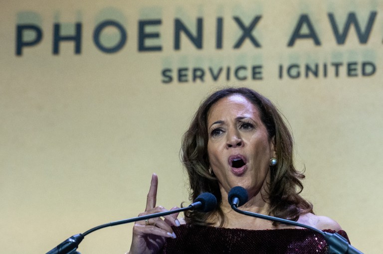 Kamala Harris speaks behind a podium and microphone