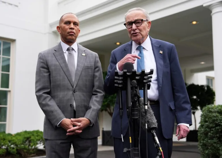 Senate Minority Leader Chuck Schumer (D-NY) and House Minority Leader Hakeem Jeffries (D-NY) speak to members of the media.