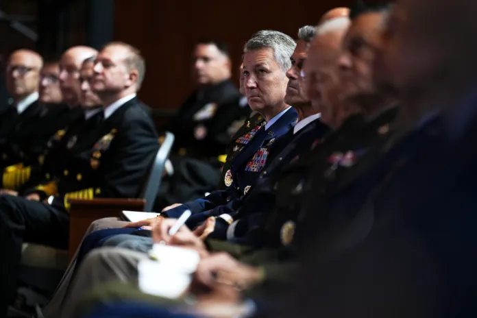U.S. military senior leadership listen as Secretary of Defense Pete Hegseth speaks at Marine Corps Base Quantico, Tuesday, Sept. 30, 2025 in Quantico, Va.