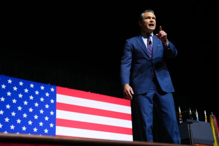 Secretary of Defense Pete Hegseth speaks to senior military leaders at Marine Corps Base Quantico, Tuesday, Sept. 30, 2025 in Quantico, Va. 