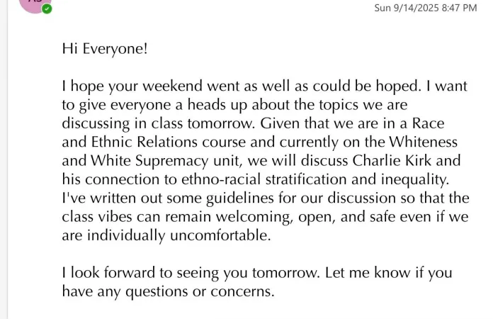 Sociology Professor at Loyola Marymount University alerts students about a future discussion on Charlie Kirk during her course on White Supremacy