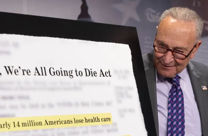 Senate Minority Leader Chuck Schumer (D-NY) on June 4 called President Donald Trump’s sweeping tax and immigration bill the Well, We’re All Going to Die Act. A reference ot an earlier statement made by Sen. Joni Ernst (R-IA). (Graeme Jennings)