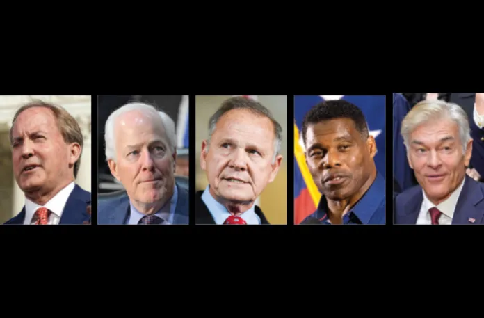 Left to right: Ken Paxton of Texas; Sen. John Cornyn (R-TX); Roy Moore of Alabama; Herschel Walker of Georgia;  Mehmet Oz of Pennsylvania (AP Photos)