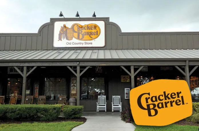 Cracker Barrel recently unveiled a new logo (bottom right) as part of a larger brand refresh, but due to pushback from customers who didn’t like it, the chain announced it would keep the old logo. (Joe Raedle/Getty Images)