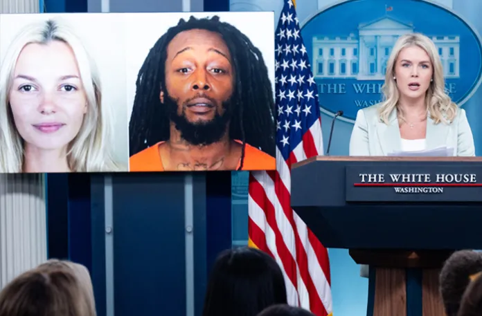 White House press secretary Karoline Leavitt speaks alongside a photo of Ukrainian refugee Iryna Zarutska and the suspect of her murder, Decarlos Brown Jr., during a press briefing at the White House on Sept. 9. (Saul Loeb/AFP via Getty Images)