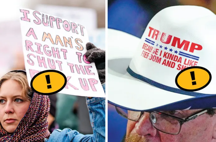 Left: A woman holds a protest sign in Washington, D.C., Jan. 18, 2025; right: a delegate wears a hat during the Republican National Convention in Milwaukee, July 15, 2024 (Mike Stewart/AP; Matt Rourke/AP)