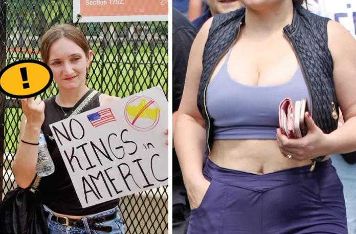 Left: a demonstrator in front of the White House on June 14, 2025. right: a pedestrian at a farmers market in Los Angeles, July 20, 2025 (Amid Farahi/AFP/Getty; Hollywood To You/Star Max/GC Images)