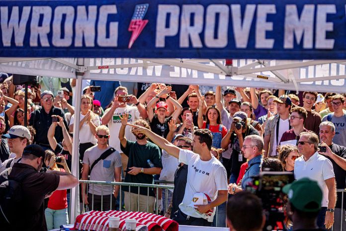 Charlie Kirk appears at Utah Valley University on September 10, 2025 in Orem, Utah. Kirk, founder of Turning Point USA, was speaking at his "American Comeback Tour" when he was shot in the neck and killed. (Photo by Trent Nelson/The Salt Lake Tribune/Getty Images)