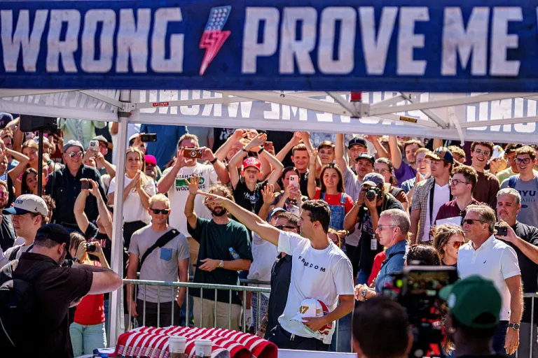 Charlie Kirk appears at Utah Valley University on September 10, 2025 in Orem, Utah. Kirk, founder of Turning Point USA, was speaking at his 
