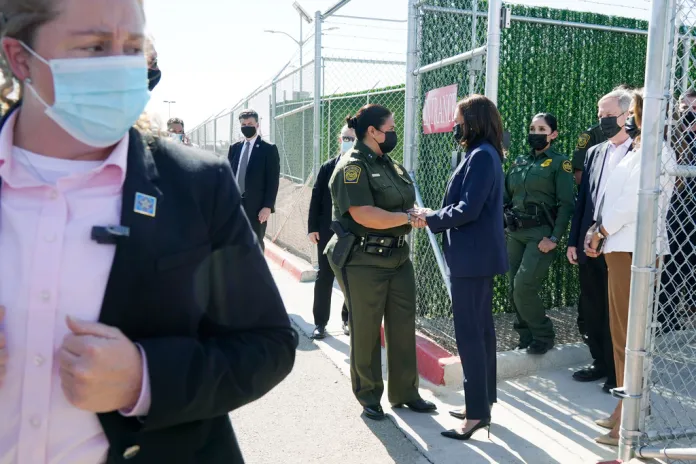 Vice President Kamala Harris talks to Gloria Chavez, chief patrol agent of the El Paso Sector.