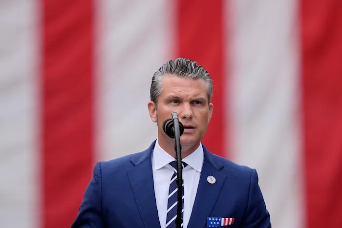 War Secretary Pete Hegseth speaks during a ceremony at the Pentagon.