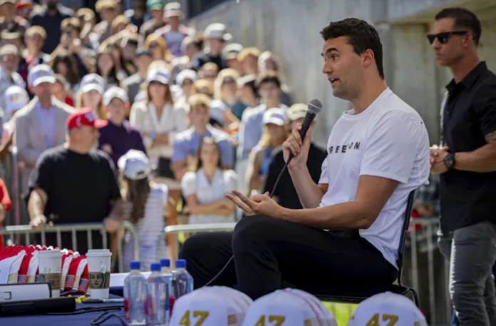 Charlie Kirk speaks before he is shot during Turning Point’s visit to Utah Valley University in Orem, Utah, on Sept. 10. (Tess Crowley/The Deseret News via AP)